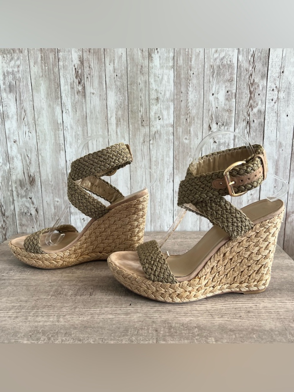 Stuart Weitzman "Alex" Crochet Espadrille Wedge Sandals Green Woven Size 9.5 - Picture 2 of 9